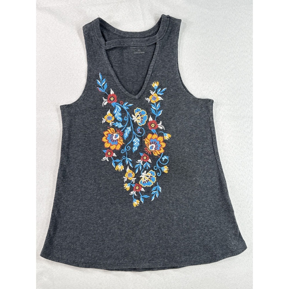 SHYANNE Floral Boho Tank Top XS Charcoal Cotton Blend Neck Sleeveless Womens Tie